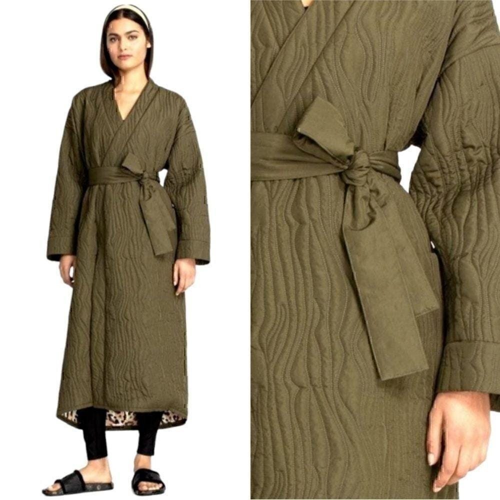 Calme Ava Quilted Robe Coat Olive Green Size Medium